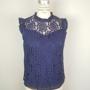 Pretty Navy Blue Sleeveless Lace Blouse by Monteau Small NEW without Tags